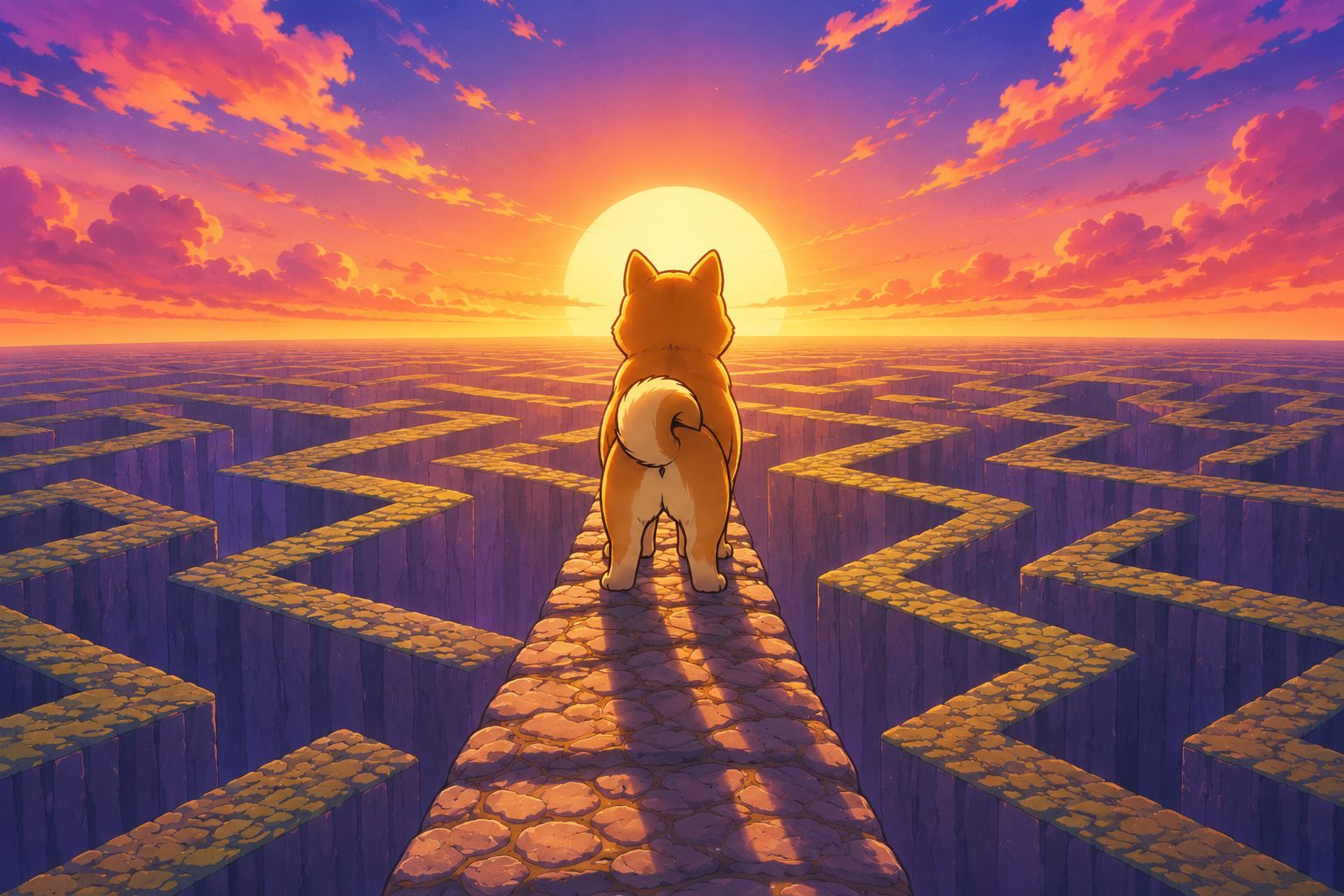 Dogo the shiba standing at the entrance of an endless maze at sunset