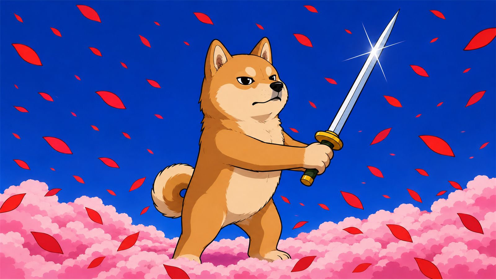 Dogo holding a katana under falling cherry blossoms